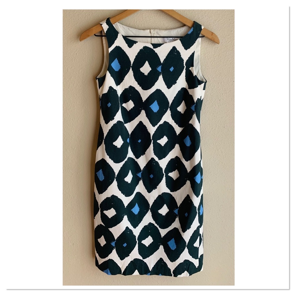MaxMara Sheath Dress White Blue Abstract Print Sleeveless Size US 2